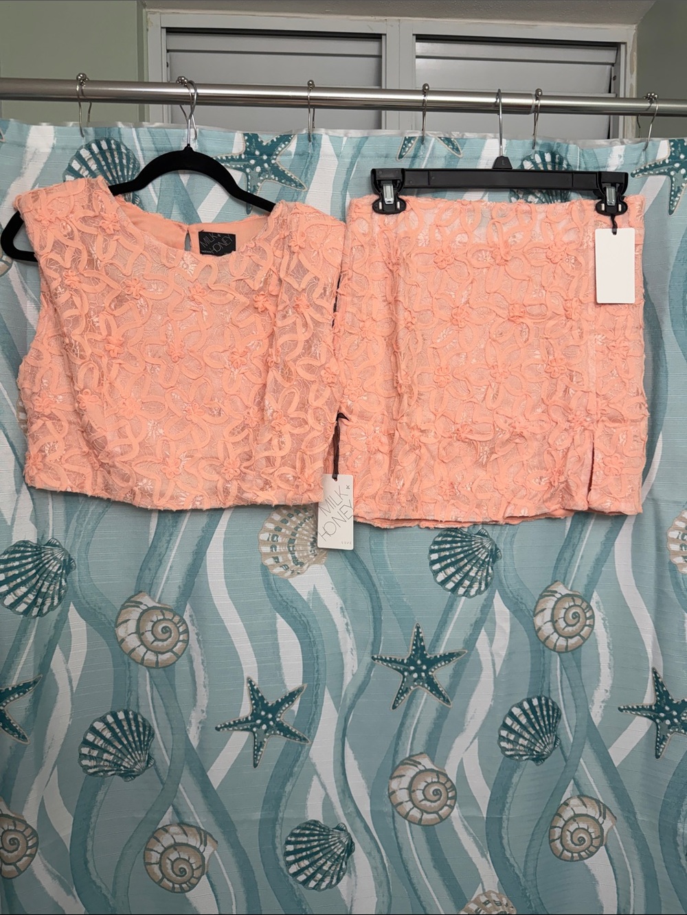 Lace Crop Top and Mini Skirt Set in Peach